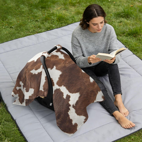 Dalzium Brown and White Cow Print Car Seat Cover Baby, Carseat Canopy Cover for Girl Boy, Breathable Baby Carrier Cover