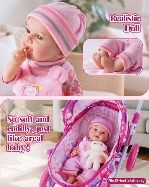 Set 12 Inch 14 Set, 3yrs+ BABESIDE Baby Doll Stroller with Baby Doll, Pcs Baby Doll Accessories, Folding Doll Pram