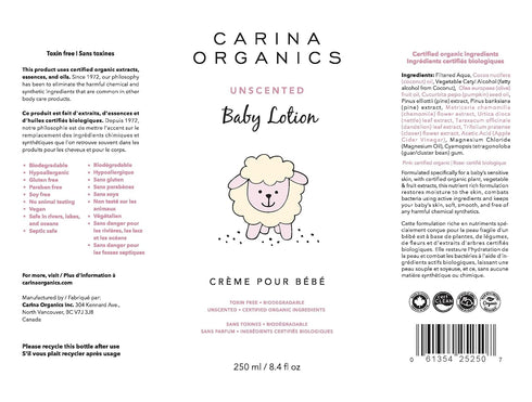 Carina Organics 8 oz Extra Gentle Baby Lotion, Organic & Natural, for Sensitive Skin, Whole Body, fl