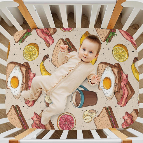 Pigsaly 27x39 Inch Crib Sheets Grunge Fruits Coffee Eggs Bacon Baby Sheet for Standard Crib Mattress Boys Girls Toddler