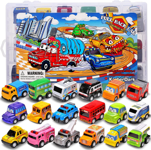 18 Pack Assorted Pull Back Car Toys with Storage Organizer Box, Mini Vehicle Set for Child Toddler Birthday Gift
