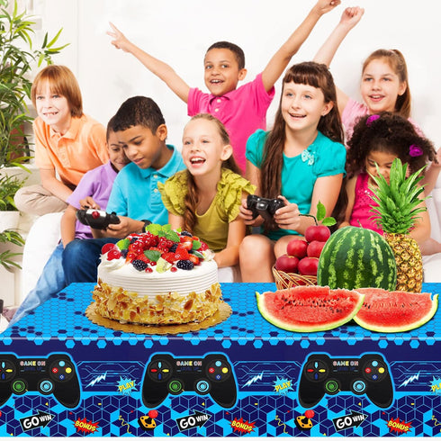 PHOGARY 3 Pack Blue Video Game Tablecloth - Geek Theme Birthday Party Decorations Supplies for Kids Player, 108 x 54