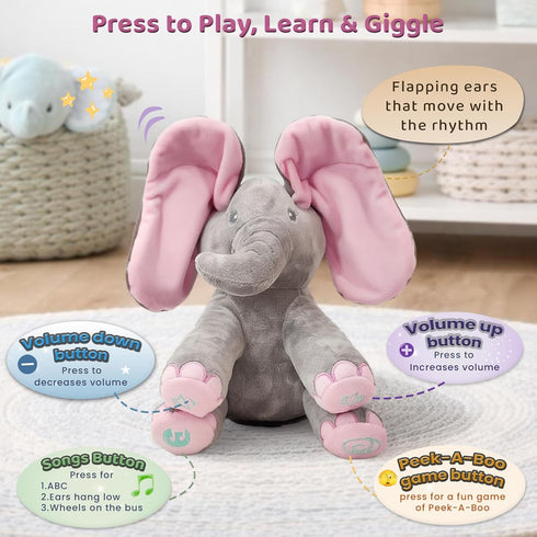 0 Dimple Kaia Elephant Stuffed Animal Toy - Animated Plush Pink Singing Elephant, Interactive Musical Peek-a-Boo