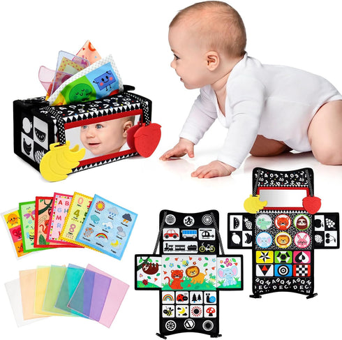 Dr.Rapeti Tummy Time Mirror Toy - 3in1 Black and White High Contrast Double-Sided Foldable Sensory Montessori Toy with