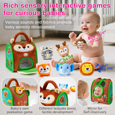 6 6-12 1-3 Soft Baby Sensory Toys - Squirrel Barn with Stuffed Zoo Animals - Rattles, Crinkles, Squeak, Mirror