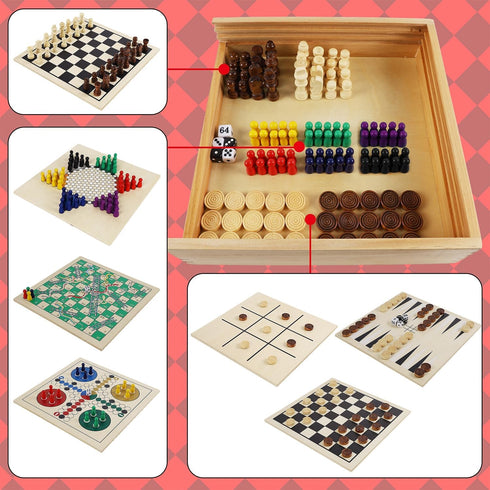 7-in-1 Set Backgammon, Juegoal Wooden Board Game for Kids Adults, Tabletop Combo Classic Travel Portable Board Games