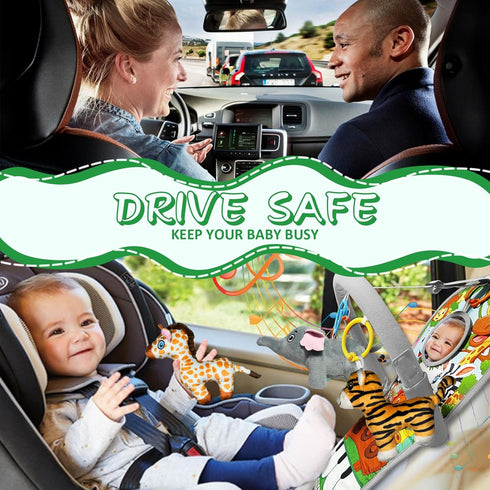 Car Seat Toys for Baby 6 to 12 Months, Musical Pedal Piano, Baby Travel Toys with Mirror and Squeaky Animal Toys