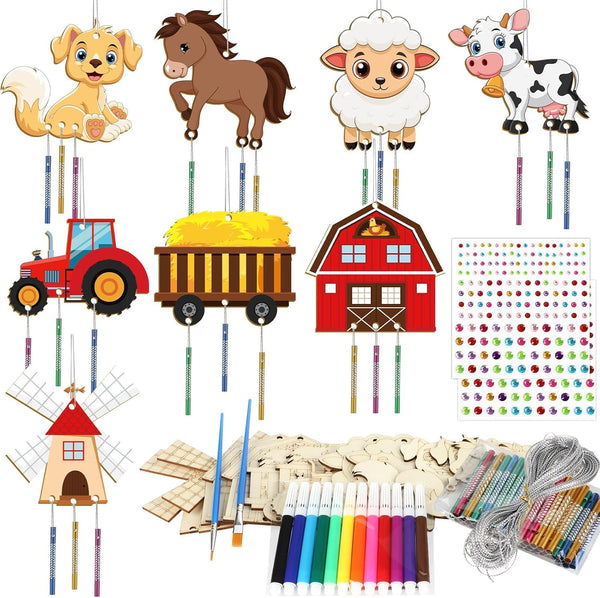 gisgfim 16 Pack Farm Animals Wind Chime Kits, DIY Coloring Arts Crafts for Kids, Wooden Hanging Decoration Supplies