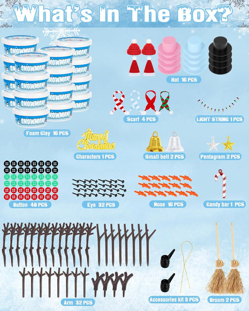 16 Pack Snowman Kit, Build a Snowman Craft Kit for Kids, Christmas Craft Creative Air Dry Clay Modeling Dough Crafts