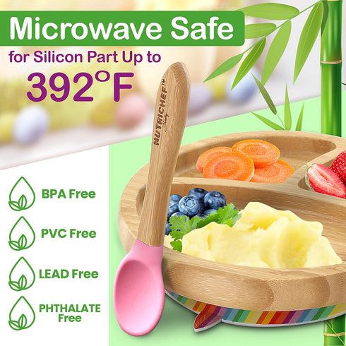 Nutrichef 2 Piece Baby & Toddler Spoon Set, All Natural Wooden Spoon Set with Soft Curved Food Grade Silicone Head,