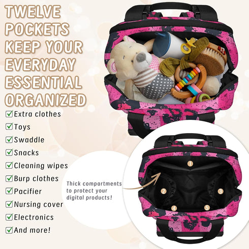 Shoblo Backpack Leopard Print Rosy Diaper Bag for Travel, Waterproof Diaper Bag with Insulated Bottle Pockets & USB