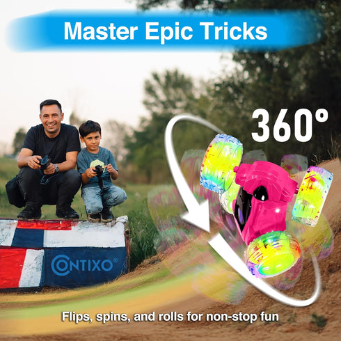 SC3 2.4GHz 4WD 360 4-12 Contixo RC Stunt Car, Pink Double-Sided Rotating flip Racer Remote Control Toy Cars with LED