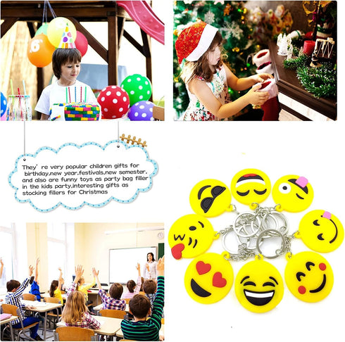 64 Pack Mini Emoticon Keychain Plush (16 expressions), Cute Keychains for Kids, Party Favors, Valentine's Day Gifts