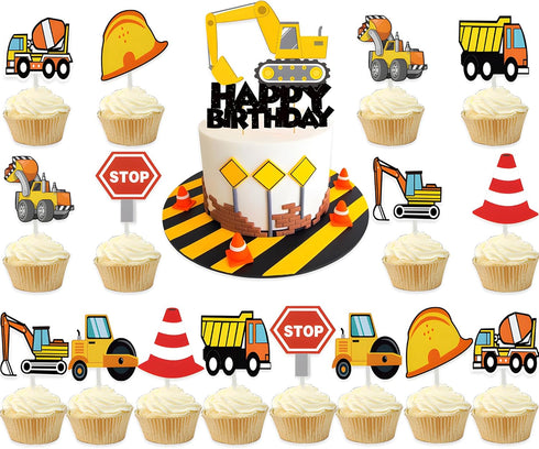 PEIQICHU Excavator Birthday Decorations Construction Birthday Party Decoration Supplies for Kids Truck Car Themed Happy