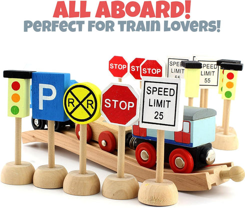 Kids Wooden Street Signs Playset, 14-Piece Set, Perfect for Car & Train Set, Wood Traffic Signs