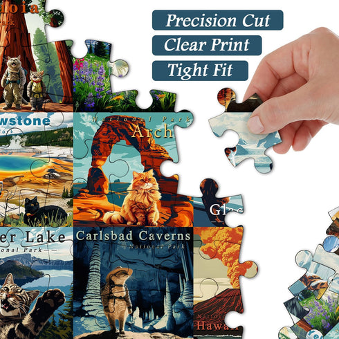 Cat Puzzles for Adults 1000 Pieces and up, National Parks Puzzle Series Kitty Travels Yellowstone Glacier