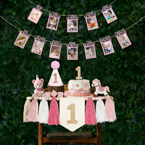 DESGLITAIR Baby First Birthday Party Decorations Pink High Chair Banner Crown Cake Topper