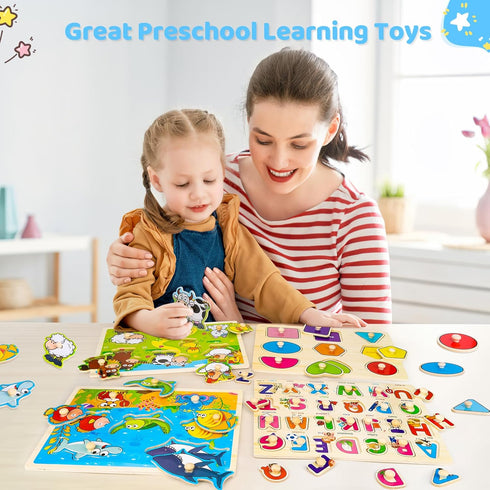 Peacurh 2 3 4 4 Pack 1-3 Wooden Peg Puzzles for Toddlers Year Old, Montessori Toys Preschool Learning Puzzles
