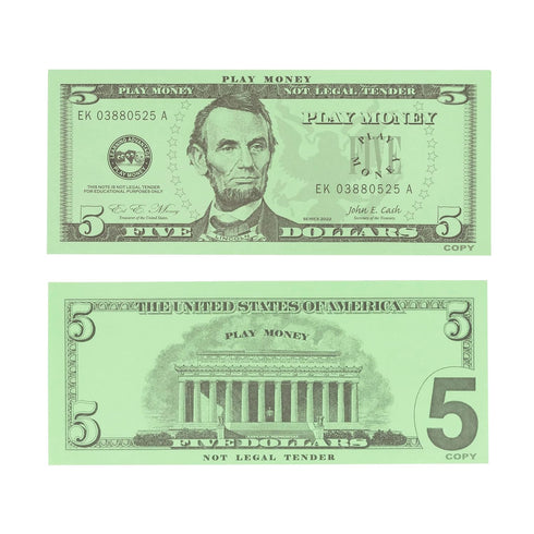 LEARNING ADVANTAGE Five Dollar Play Bills, Set of 100, $5 Paper Bills