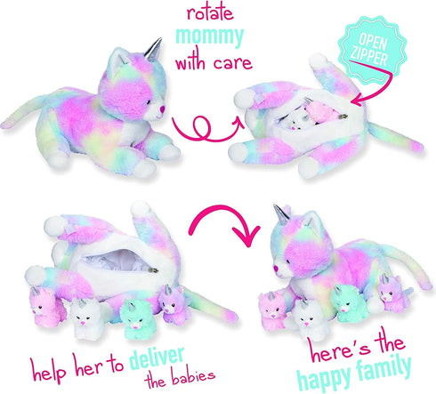 PixieCrush Unicorn Stuffed Animals for Girls Ages 3-8 - Mommy Cat Unicorn with 4 Baby Kittens Plushies
