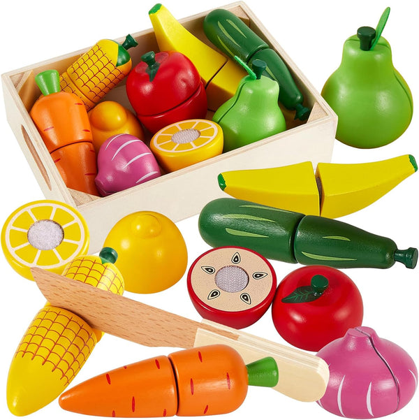HERSITY Wooden Play Food Set - Cutting Fruits & Veggies Toys for Toddlers 1-3 - Montessori Educational Toys
