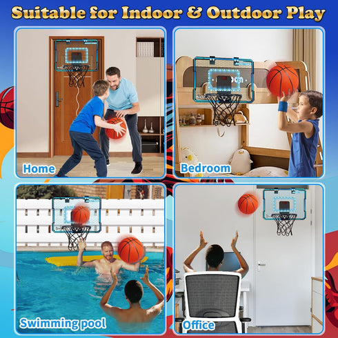 Indoor Basketball Hoop with LED Lights, Mini Basketball Toys for Kids 5-10+ Years, Over The Door with Scoreboard