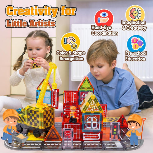 Windidi Set 3-5 4-8 8-10, Pack Set, Magnetic Tiles Kids Construction Toys - Road with Magnet Crane for Boys Age Magnet