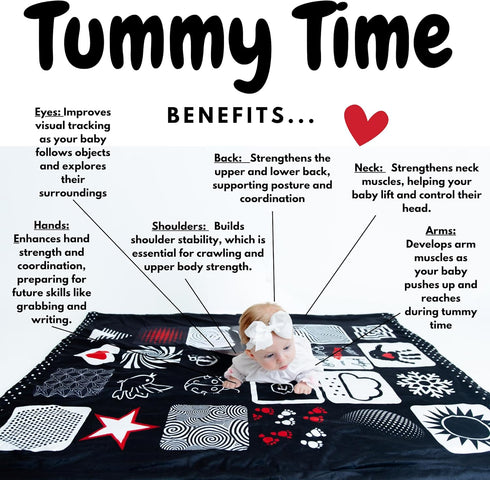 Tummy 50 60 Baby Time Mat High Contrast Black White Red Sensory Play Blanket for Newborn Visual Development, Infant
