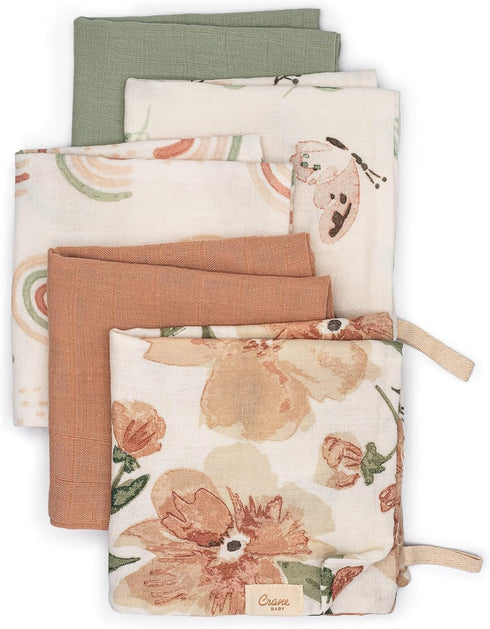 Crane Baby Wash Cloth Set, 100% Cotton, Set of 5 Baby Washcloths,