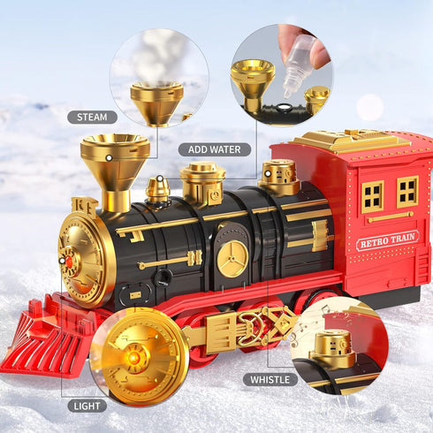 TEMI Train Set for Kids 3-5, Rechargeable Red Train with Steam Engine, Cargo Car, Long Track, Gift for Boys & Girls