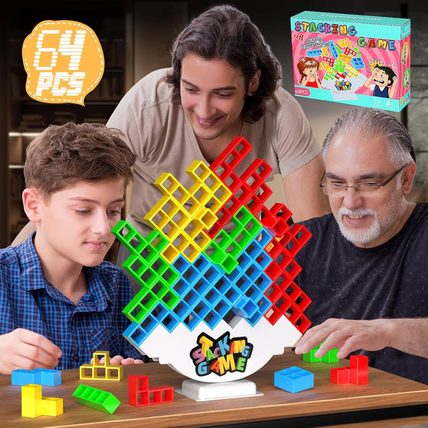 64PCS Stack Attack Game - Tetra Board Tower Games for Adults & Kids, 2 Players Balance Stacking Toy