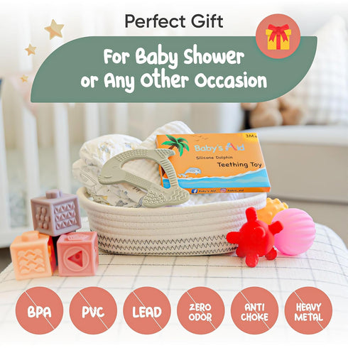8 3M+, Dolphin Silicone Teether Toy with Texture Zones, Easy Grip for Little Hands, Ages Babys Aid (Olive)