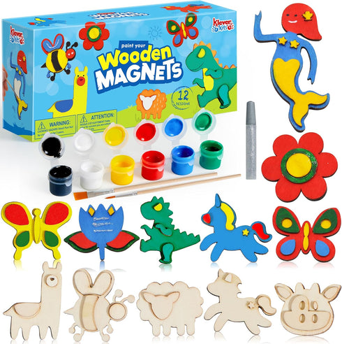 JOYIN 12 pcs Wooden Magnets, Spring Arts & Crafts Kit for Boys and Girls, Craft Toys for Birthday and Easter