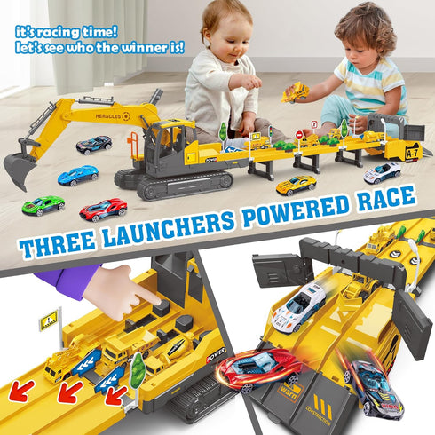 Dwi Dowellin Toys for 3 Year Old Boys, Excavator Toys with 6 Metal Racing Cars and 2 Engineering Vehicles, Foldable