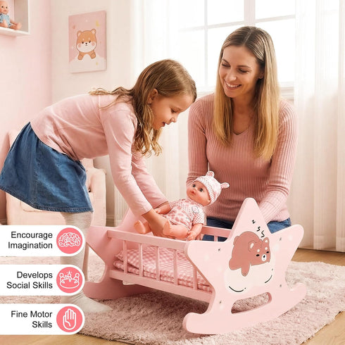 Set, 3+ Offelec Wooden Baby Doll Crib Pink Baby Doll Bed Toys, Rocking Baby Doll Cradle Accessories, Play Cradle