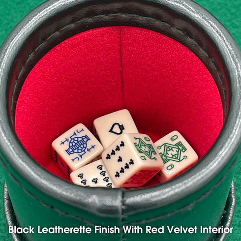 CHH SS-CQG-7815 Deluxe Leather Like Dice Cup, Black/Cream Color with 5 Poker Dice