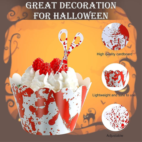 Halloween Cupcake Toppers & Wrappers, Horror Cake Decoration, Bloodstain Cake Knife, 12 Sets (24pcs)