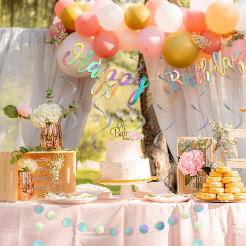 Zonon 9 Pcs Iridescent Party Decoration Disco Happy Birthday Banner, Rainbow Shiny Circle Garlands Holographic Hanging