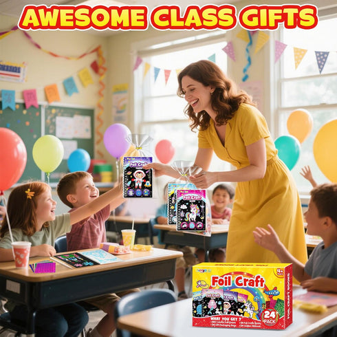24 Pack 4-8 8-12, FUNNYB&G Foil Art Party Favors for Kids - Foil Art Crafts Kits Coloring Books, Goodie Bag Stuffers