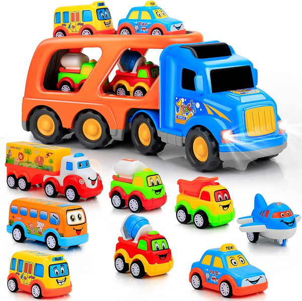 9 Pcs Cars Toys for Toddlers, Big Carrier Truck with 8 Small Cartoon Pull Back Cars, Colorful Vehicles with Sound and