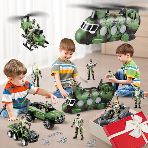 JASSKKBO 56-in-1 Sets 4-7 8-12, Army Men Toys for Boys Military Helicopter/Truck/Kayak Boat/Motorcycle/Army Men Action