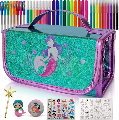 Mermaid Pencil Case With Fruit Scented Markers Art Set, Little Mermaid Gifts For Girls Ages 3-10, Kids Coloring Set