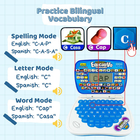 ZEENKIND Spanish & English Small Talking Laptop Toy for Kids 2-4 Years Old, Learn Spanish Alphabet Numbers Words
