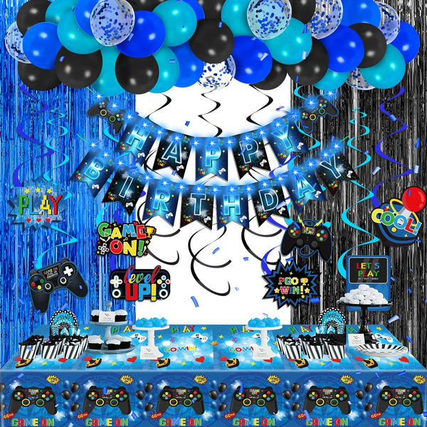 Blue Black Video Game Party Decorations, Happy Birthday Banner, Hanging Swirls, Balloons, Tablecloth Kit