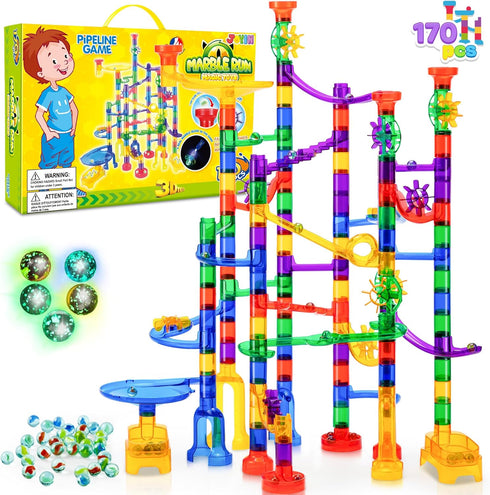 JOYIN 170Pcs Glowing Marble Run - Construction Building Blocks Toys with Glow in The Dark Glass Marbles