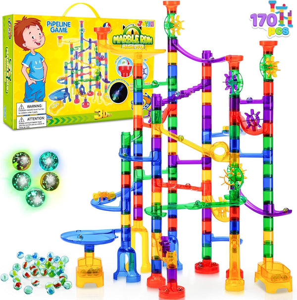 JOYIN 170Pcs Glowing Marble Run - Construction Building Blocks Toys with Glow in The Dark Glass Marbles