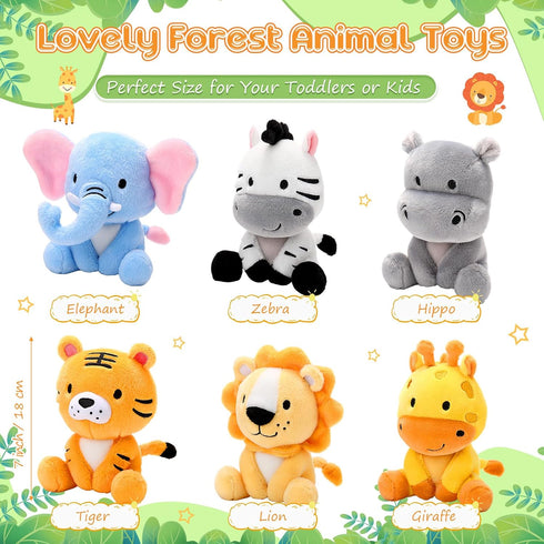 6 Pcs Small Stuffed Safari Animals, 7 Inch Plush Jungle Toys - Lion, Zebra, Giraffe, Tiger, Hippo, Elephant