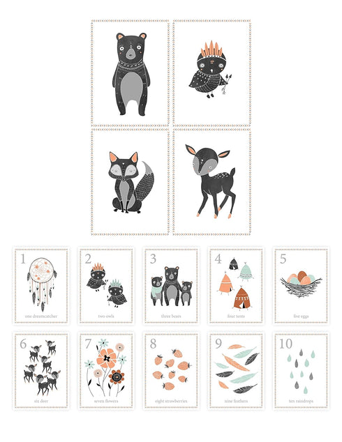 Children's Wall Art Prints, Boho Woodland Animal Room Collection, Set of Four 8x10 Prints and 5x7 Wall Cards