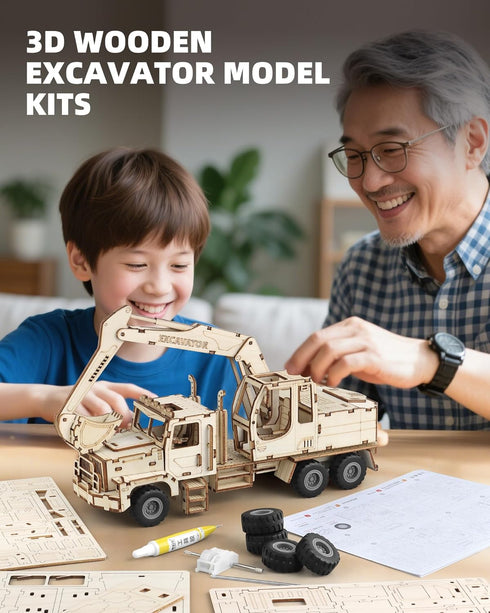 MOCBURIKU 3D Wooden Puzzle for Adults, Excavator Wooden Mechanical Model Car Kits to Build, Brain Teaser Pull Back