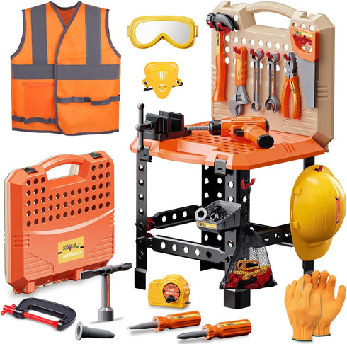 Kids Tool Bench Set, MAGIC4U 95PCS Toddler Workbench with Electronic Drill, Safety Vest & Hat for Ages 3-8